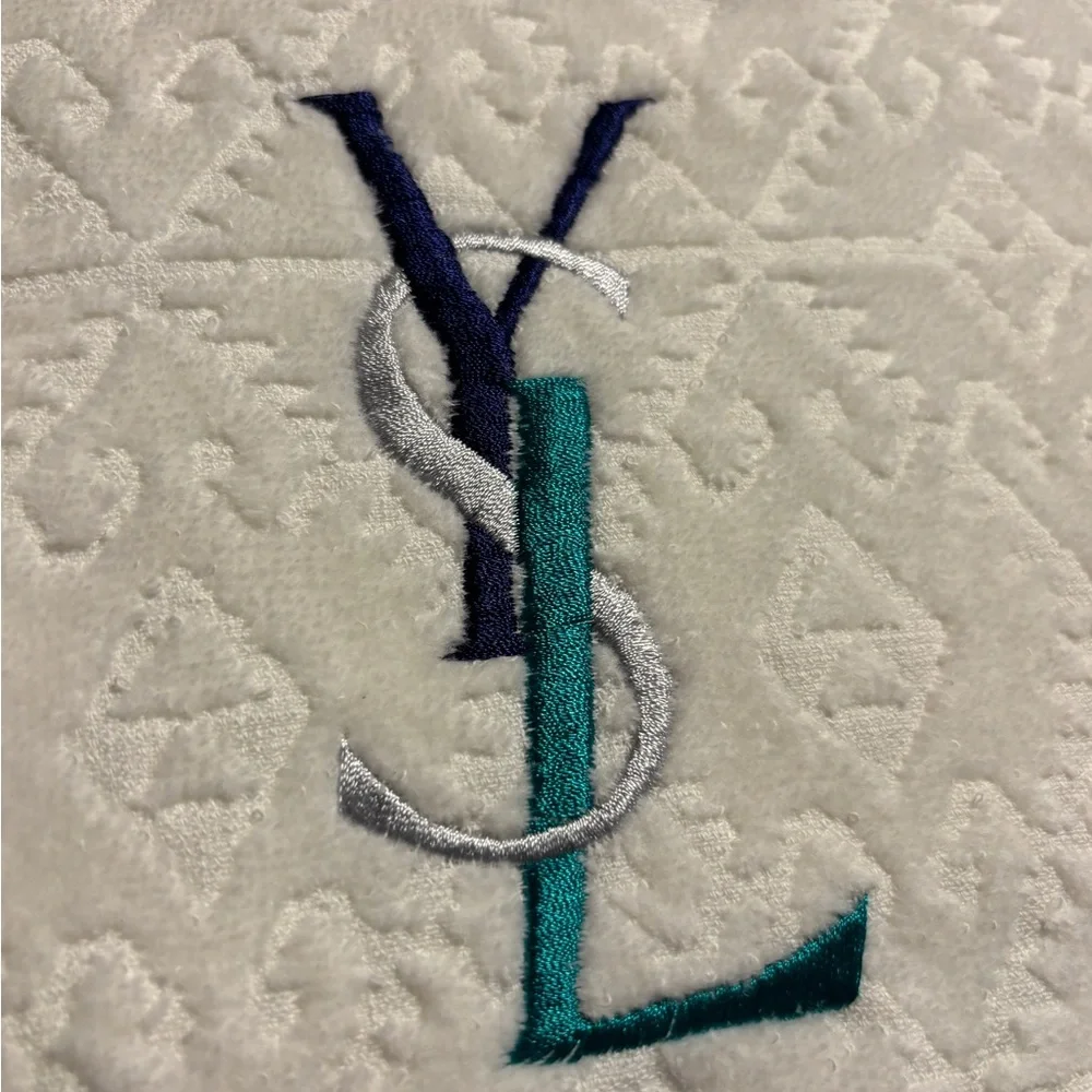 Yves Saint Laurent White Towel with Blue and Teal Stripes. New in the box